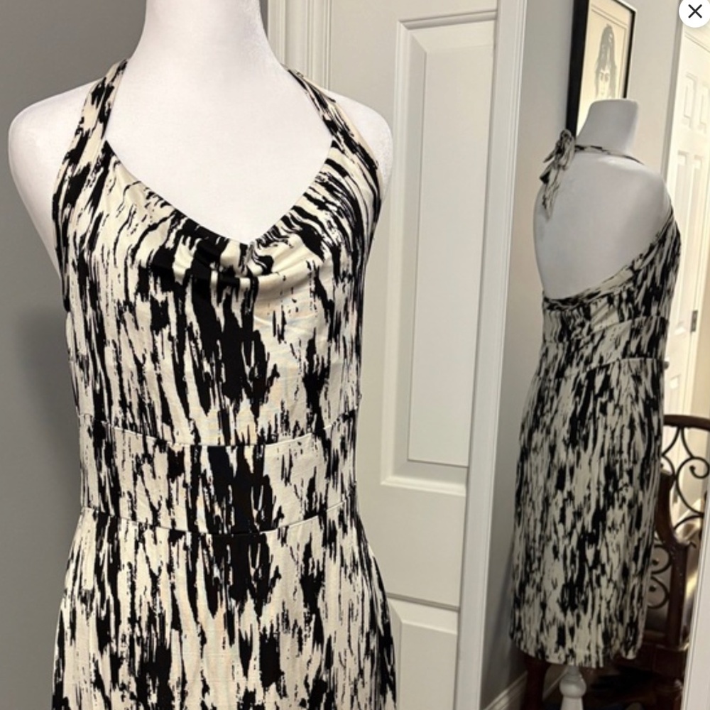 Ann Taylor Abstract Print Halter Dress with Drape Neck